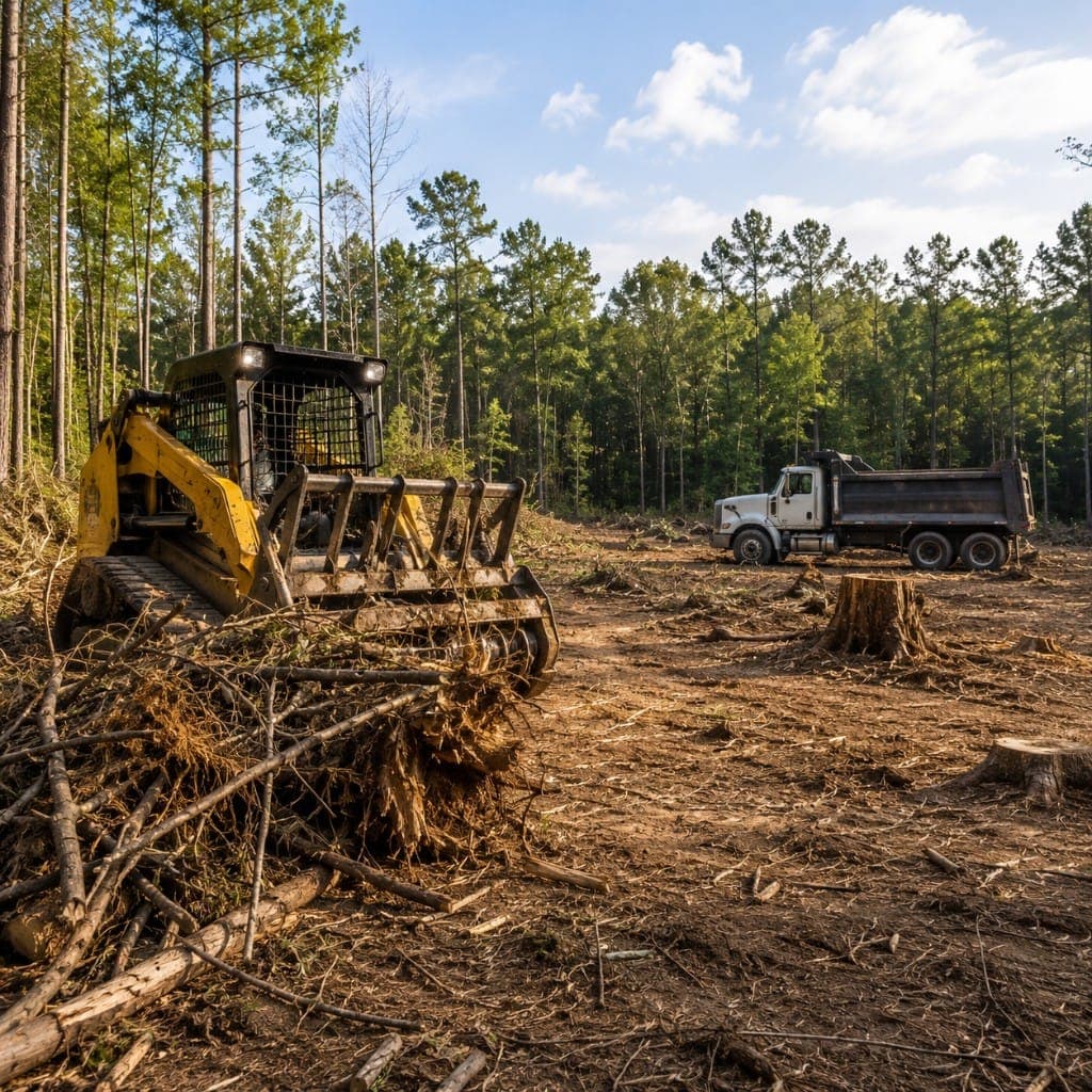 Land clearing on a wooded building lot